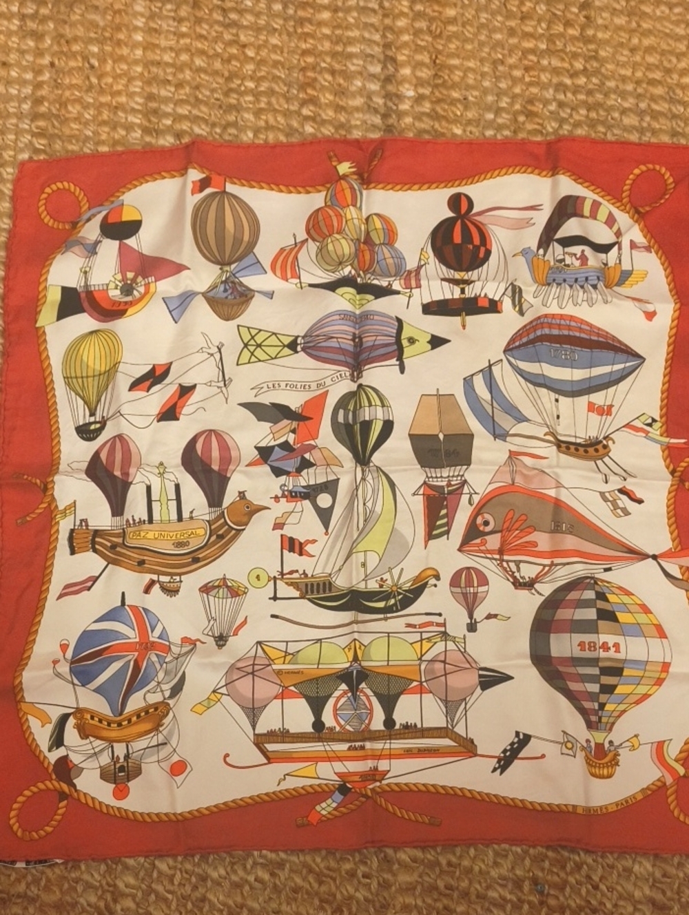 Hermes Multicolor Balloon and Nautical Print Silk Scarf with Red Border - Picture 2 of 9